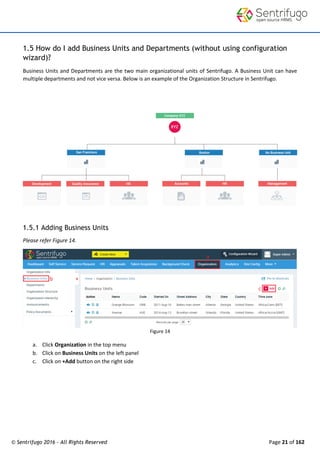 © Sentrifugo 2016 - All Rights Reserved Page 21 of 162
1.5 How do I add Business Units and Departments (without using configuration
wizard)?
Business Units and Departments are the two main organizational units of Sentrifugo. A Business Unit can have
multiple departments and not vice versa. Below is an example of the Organization Structure in Sentrifugo.
1.5.1 Adding Business Units
Please refer Figure 14.
Figure 14
a. Click Organization in the top menu
b. Click on Business Units on the left panel
c. Click on +Add button on the right side
 