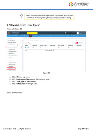 © Sentrifugo 2016 - All Rights Reserved Page 37 of 162
If each business unit in your organization has different working days
and hours, then using this option you can configure the settings.
3.2 How do I create Leave Types?
Please refer Figure 34.
Figure 34
a. Click HR in the top menu
b. Click Employee Configuration on the left menu panel
c. Click Leave Types in the submenu
d. Click +Add button on the right side
Please refer Figure 35.
 