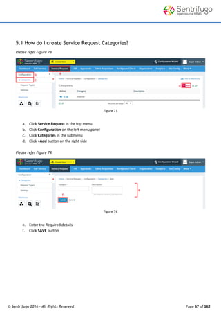 © Sentrifugo 2016 - All Rights Reserved Page 67 of 162
5.1 How do I create Service Request Categories?
Please refer Figure 73
Figure 73
a. Click Service Request in the top menu
b. Click Configuration on the left menu panel
c. Click Categories in the submenu
d. Click +Add button on the right side
Please refer Figure 74
Figure 74
e. Enter the Required details
f. Click SAVE button
 