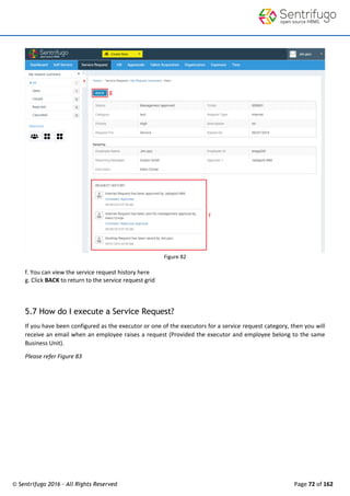 © Sentrifugo 2016 - All Rights Reserved Page 72 of 162
Figure 82
f. You can view the service request history here
g. Click BACK to return to the service request grid
5.7 How do I execute a Service Request?
If you have been configured as the executor or one of the executors for a service request category, then you will
receive an email when an employee raises a request (Provided the executor and employee belong to the same
Business Unit).
Please refer Figure 83
 