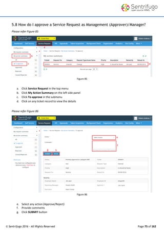 © Sentrifugo 2016 - All Rights Reserved Page 75 of 162
5.8 How do I approve a Service Request as Management (Approver)/Manager?
Please refer Figure 85
Figure 85
a. Click Service Request in the top menu
b. Click My Action Summary on the left side panel
c. Click To approve in the submenu
d. Click on any ticket record to view the details
Please refer Figure 86
Figure 86
e. Select any action (Approve/Reject)
f. Provide comments
g. Click SUBMIT button
 