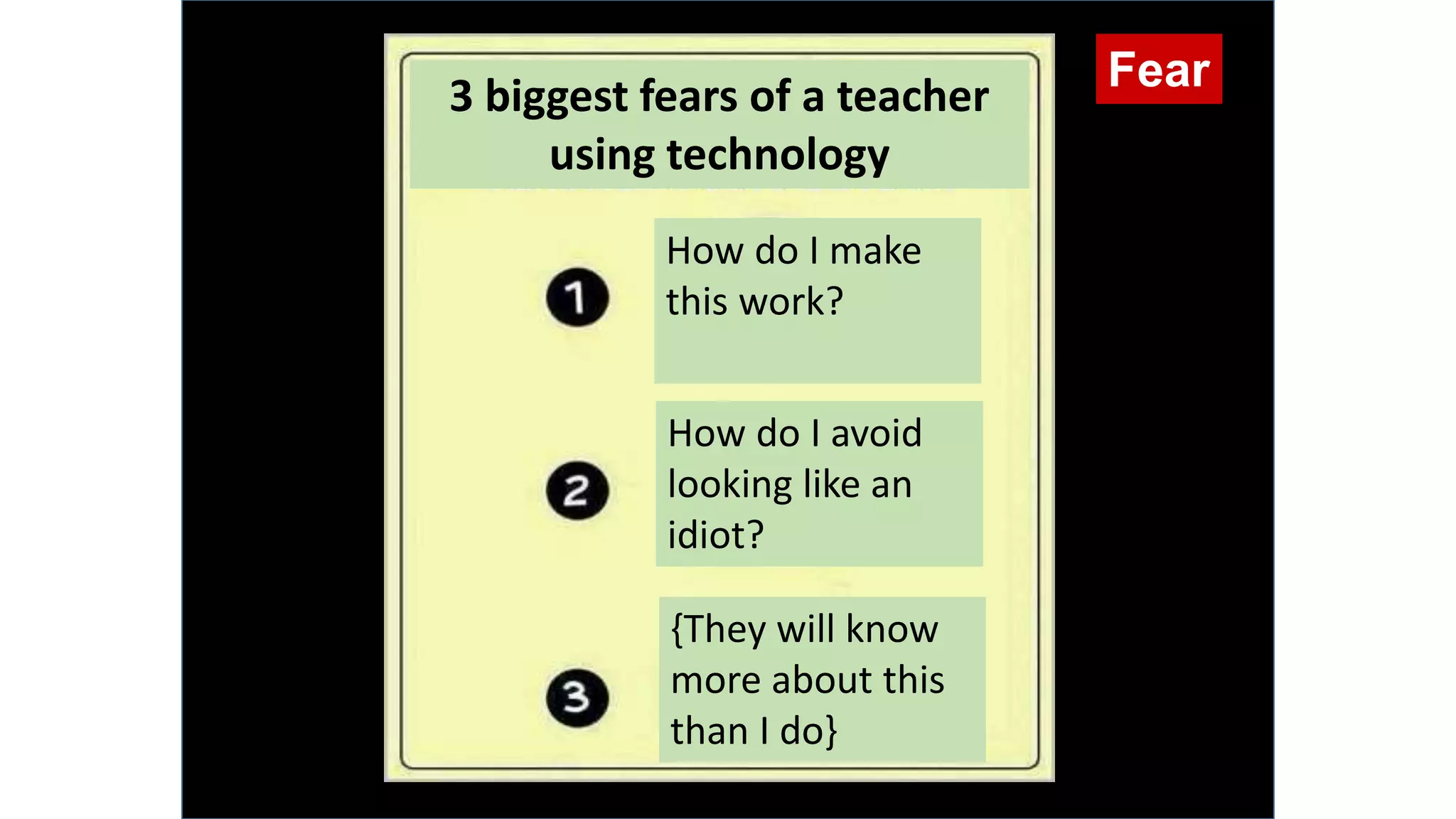 Fear
3 biggest fears of a teacher
using technology
How do I make
this work?
How do I avoid
looking like an
idiot?
{They will know
more about this
than I do}
Fear