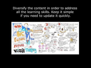 Diversify the content in order to address
all the learning skills. Keep it simple
if you need to update it quickly.
 