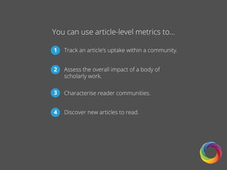 3
2
1
You can use article-level metrics to…
Track an article’s uptake within a community.
Assess the overall impact of a body of
scholarly work.
Characterise reader communities.
4 Discover new articles to read.
 