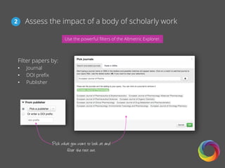 Filter papers by:
•  Journal
•  DOI preﬁx
•  Publisher
Assess the impact of a body of scholarly work2
Pick what you want to look at and
filter the rest out.
Use the powerful ﬁlters of the Altmetric Explorer.
 