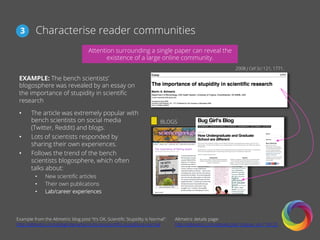 Characterise reader communities
Attention surrounding a single paper can reveal the
existence of a large online community.
3
EXAMPLE: The bench scientists’
blogosphere was revealed by an essay on
the importance of stupidity in scientiﬁc
research
2008 J Cell Sci 121, 1771.
•  The article was extremely popular with
bench scientists on social media
(Twitter, Reddit) and blogs.
•  Lots of scientists responded by
sharing their own experiences.
•  Follows the trend of the bench
scientists blogosphere, which often
talks about:
•  New scientiﬁc articles
•  Their own publications
•  Lab/career experiences
BLOGS
Altmetric details page:
http://altmetric.com/details.php?citation_id=174125
Example from the Altmetric blog post “It’s OK, Scientiﬁc Stupidity is Normal”:
http://altmetric.com/blog/interactions-its-ok-scientiﬁc-stupidity-is-normal
 