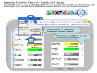 Interactive Simulation Step 1 of 4: Specify DIST Input(s) Select Cell(s) to contain uncertain quantities (DEMAND in this example) and click the Input DIST button. Then select the cell(s) containing the DIST(s). See Plan-DIST.xls. For additional information see the XLSim Tutorial on Interactive Simulation. Next Home When a scroll bar is added, you can scroll your model through all iterations. Optionally Specify a Cell for an Iteration Counter and an Associated Scroll Bar. 