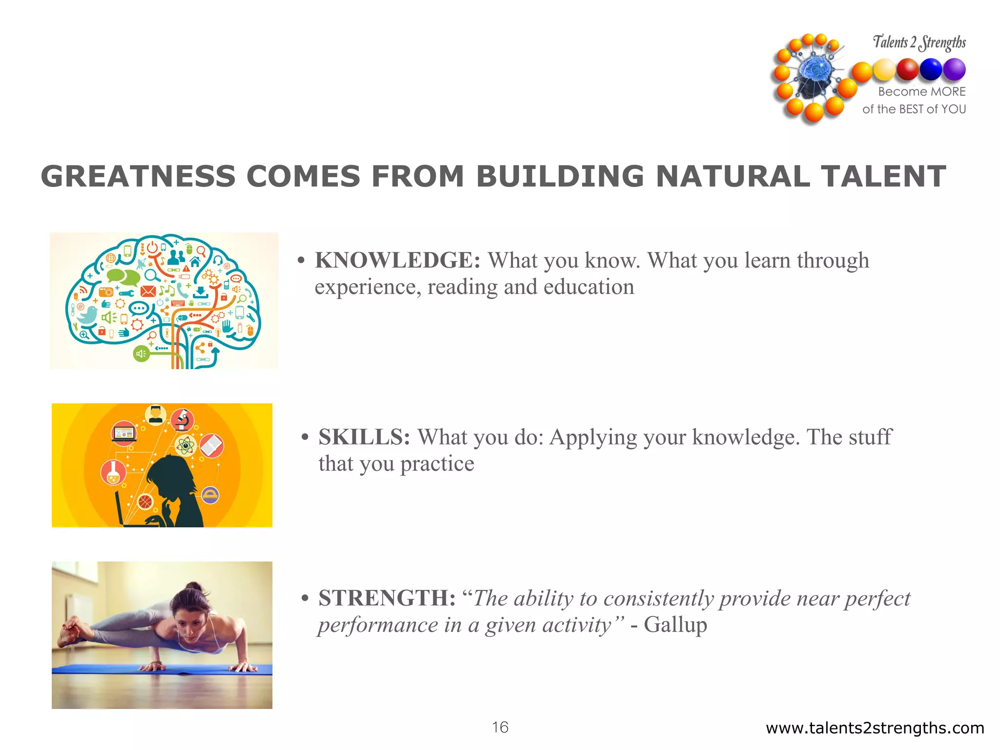 • KNOWLEDGE: What you know. What you learn through
experience, reading and education
• STRENGTH: “The ability to consistently provide near perfect
performance in a given activity” - Gallup
• SKILLS: What you do: Applying your knowledge. The stuff
that you practice
www.talents2strengths.com16
GREATNESS COMES FROM BUILDING NATURAL TALENT
 