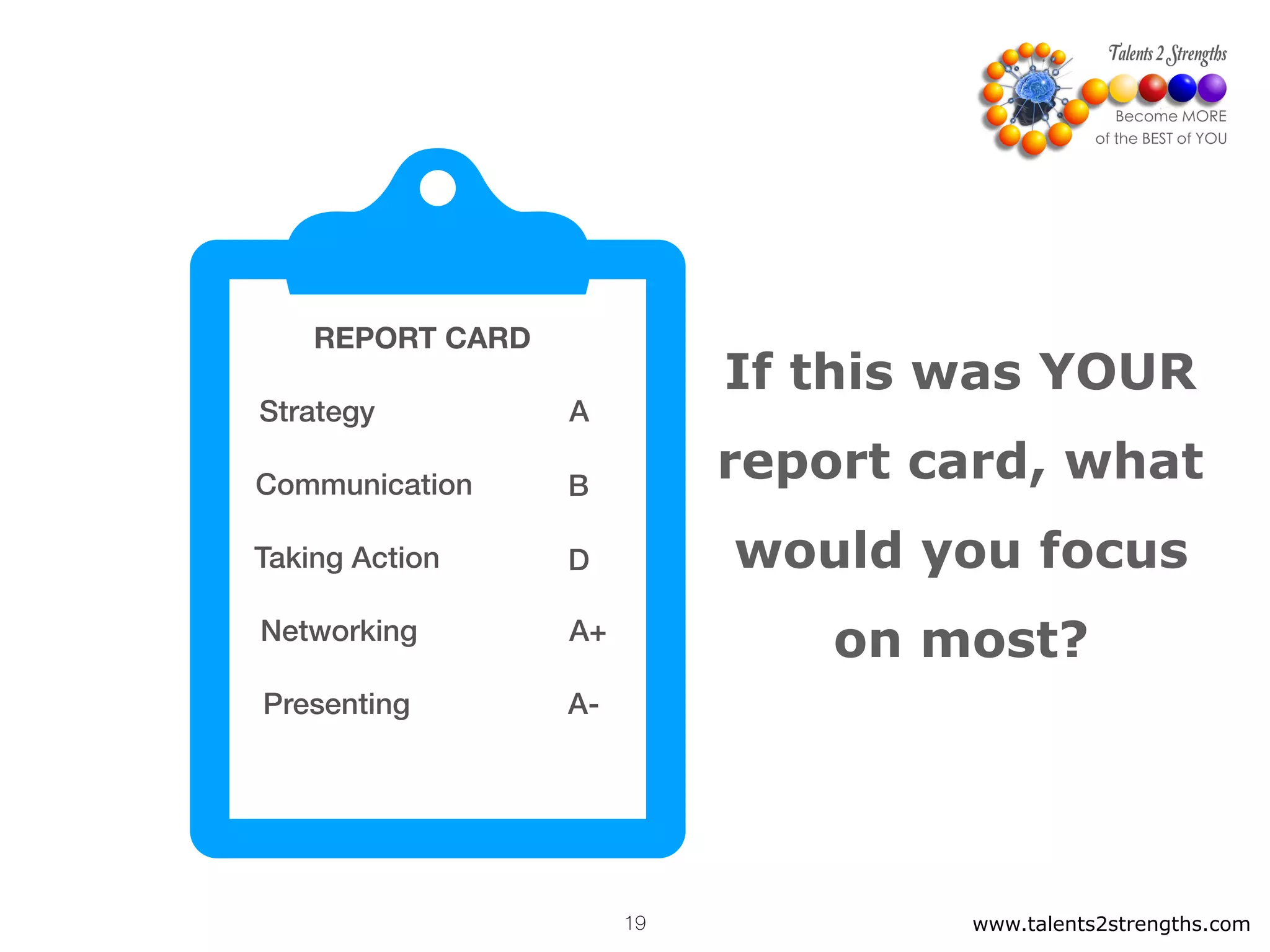 www.talents2strengths.com19
If this was YOUR
report card, what
would you focus
on most?
REPORT CARD
Strategy
Communication
Taking Action
Networking
Presenting A-
A+
A
B
D
 