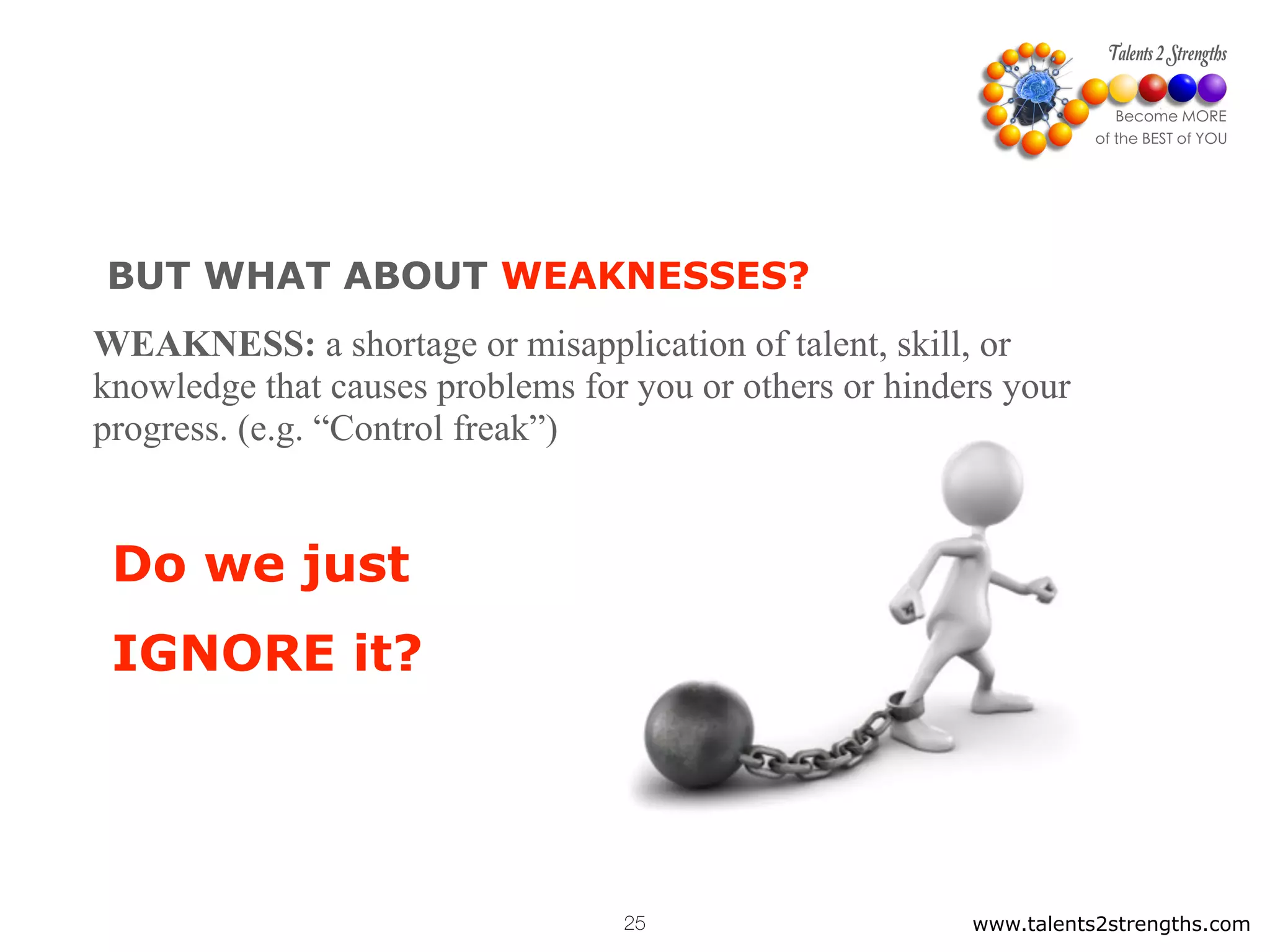 www.talents2strengths.com25
BUT WHAT ABOUT WEAKNESSES?
WEAKNESS: a shortage or misapplication of talent, skill, or
knowledge that causes problems for you or others or hinders your
progress. (e.g. “Control freak”)
Do we just
IGNORE it?
 