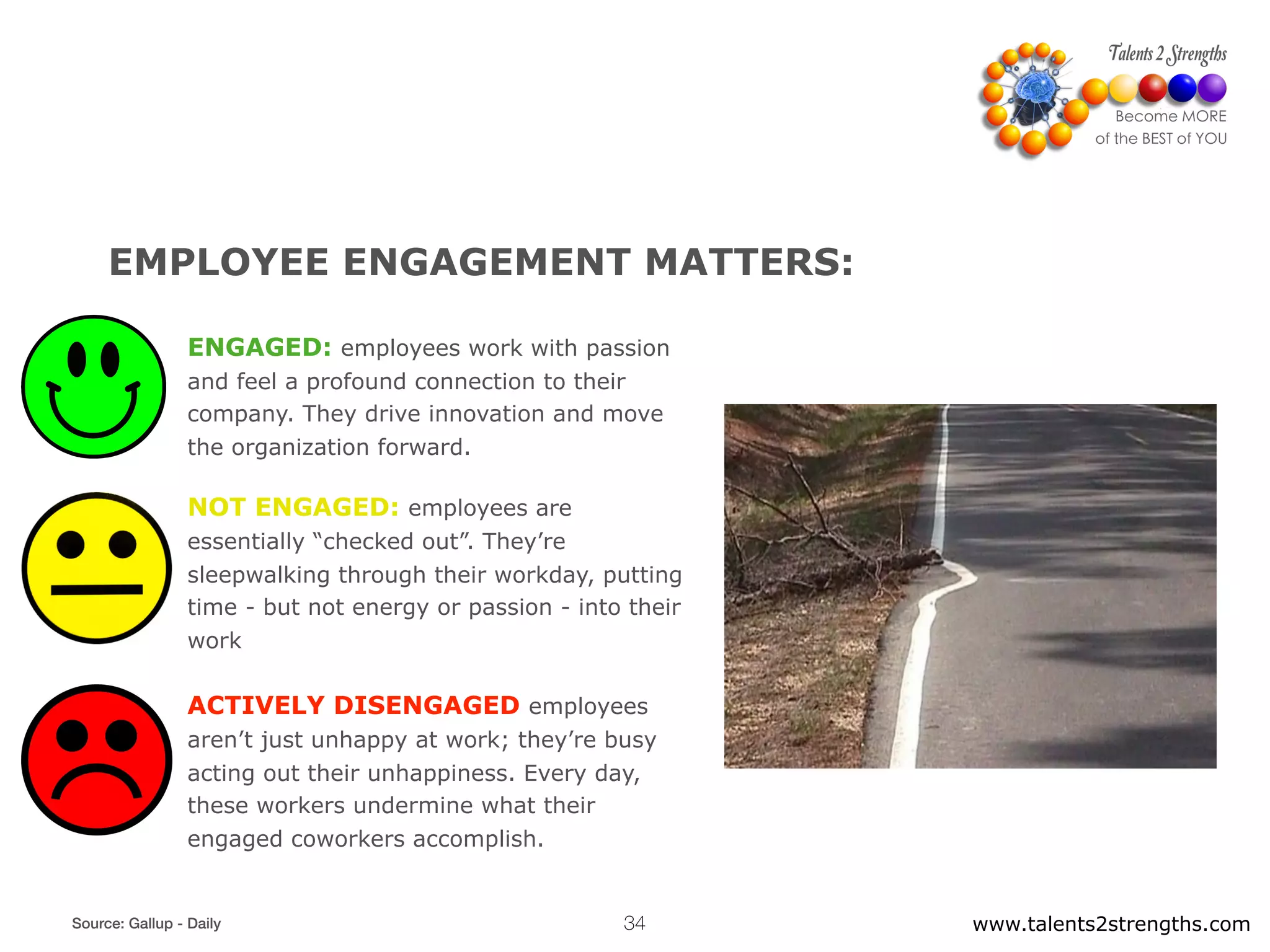 www.talents2strengths.com34
EMPLOYEE ENGAGEMENT MATTERS:
ENGAGED: employees work with passion
and feel a profound connection to their
company. They drive innovation and move
the organization forward.
NOT ENGAGED: employees are
essentially “checked out”. They’re
sleepwalking through their workday, putting
time - but not energy or passion - into their
work
ACTIVELY DISENGAGED employees
aren’t just unhappy at work; they’re busy
acting out their unhappiness. Every day,
these workers undermine what their
engaged coworkers accomplish.
Source: Gallup - Daily
 