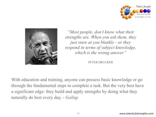 “Most people, don’t know what their
strengths are. When you ask them, they
just stare at you blankly - or they
respond in terms of subject knowledge,
which is the wrong answer”
PETER DRUCKER
www.talents2strengths.com14
With education and training, anyone can possess basic knowledge or go
through the fundamental steps to complete a task. But the very best have
a significant edge: they build and apply strengths by doing what they
naturally do best every day. - Gallup
 