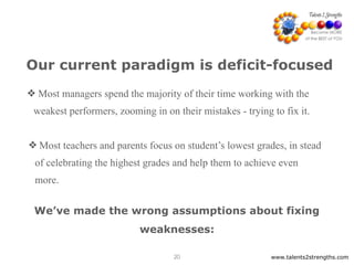 Our current paradigm is deficit-focused
❖ Most managers spend the majority of their time working with the
weakest performers, zooming in on their mistakes - trying to fix it.
❖ Most teachers and parents focus on student’s lowest grades, in stead
of celebrating the highest grades and help them to achieve even
more.
www.talents2strengths.com20
We’ve made the wrong assumptions about fixing
weaknesses:
 