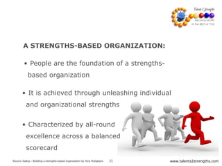 A STRENGTHS-BASED ORGANIZATION:
www.talents2strengths.com30Source: Gallup - Building a strengths based organization by Tony Rutigliano
• People are the foundation of a strengths-
based organization
• It is achieved through unleashing individual
and organizational strengths
• Characterized by all-round
excellence across a balanced
scorecard
 