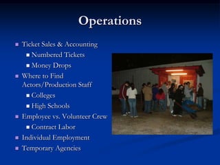Operations
   Ticket Sales & Accounting
      Numbered Tickets

      Money Drops

   Where to Find
    Actors/Production Staff
      Colleges

      High Schools

   Employee vs. Volunteer Crew
      Contract Labor

   Individual Employment
   Temporary Agencies
 