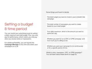 Some things you’ll want to decide:
Setting a budget
& time period
You can control your advertising costs by setting
a dail...