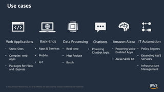 © 2022, Amazon Web Services, Inc. or its Affiliates. All rights reserved. Amazon Confidential and Trademark.
Use cases
Web Applications
• Static Sites
• Complex web
apps
• Packages for Flask
and Express
Back-Ends
• Apps & Services
• Mobile
• IoT
Chatbots
• Powering
Chatbot logic
Data Processing
• Real time
• Map Reduce
• Batch
Amazon Alexa
• Powering Voice
Enabled Apps
• Alexa Skills Kit
IΤ Automation
• Policy Engines
• Extending AWS
Services
• Infrastructure
Management
 