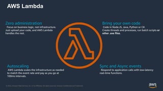 © 2022, Amazon Web Services, Inc. or its Affiliates. All rights reserved. Amazon Confidential and Trademark.
AWS Lambda
Zero administration
Focus on business logic, not infrastructure.
Just upload your code, and AWS Lambda
handles the rest.
Autoscaling
AWS Lambda scales the infrastructure as needed
to match the event rate and pay as you go at
100ms intervals.
Bring your own code
Code in Node.JS, Java, Python or C#.
Create threads and processes, run batch scripts or
other .exe files.
Sync and Async events
Respond to application calls with low-latency
real-time functions.
 