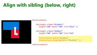 Align with sibling (below, right)
<RelativePanel>
<Rectangle x:Name="BlueRect"
Height="100" Width="100" Fill="Blue" />
<Rectangle x:Name="RedRect"
Height="100" Width="100" Fill="Red"
RelativePanel.Below="BlueRect"
RelativePanel.AlignRightWith="BlueRect" />
</RelativePanel>
 