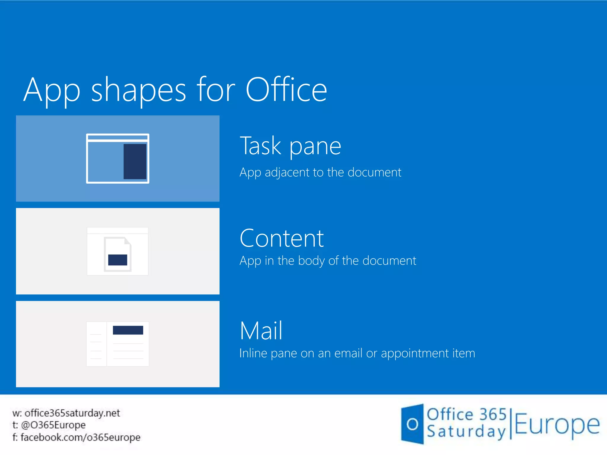 App shapes for Office
Task pane
App adjacent to the document
Content
App in the body of the document
Mail
Inline pane on an email or appointment item
 