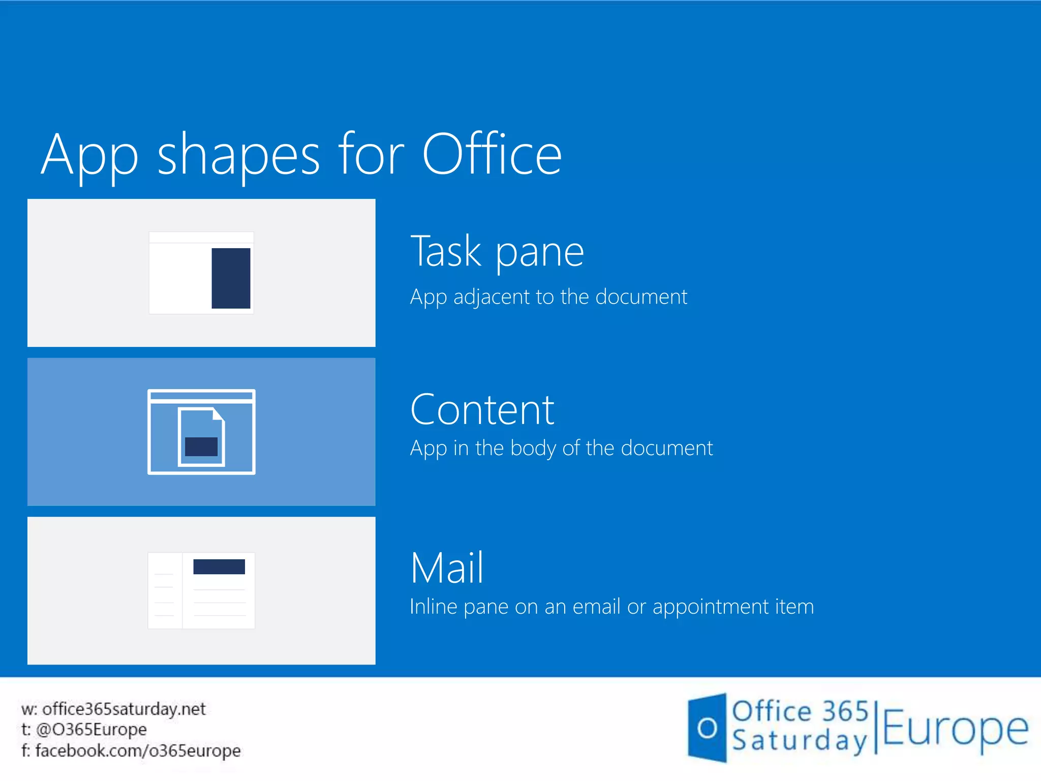 App shapes for Office
Task pane
App adjacent to the document
Content
App in the body of the document
Mail
Inline pane on an email or appointment item
 