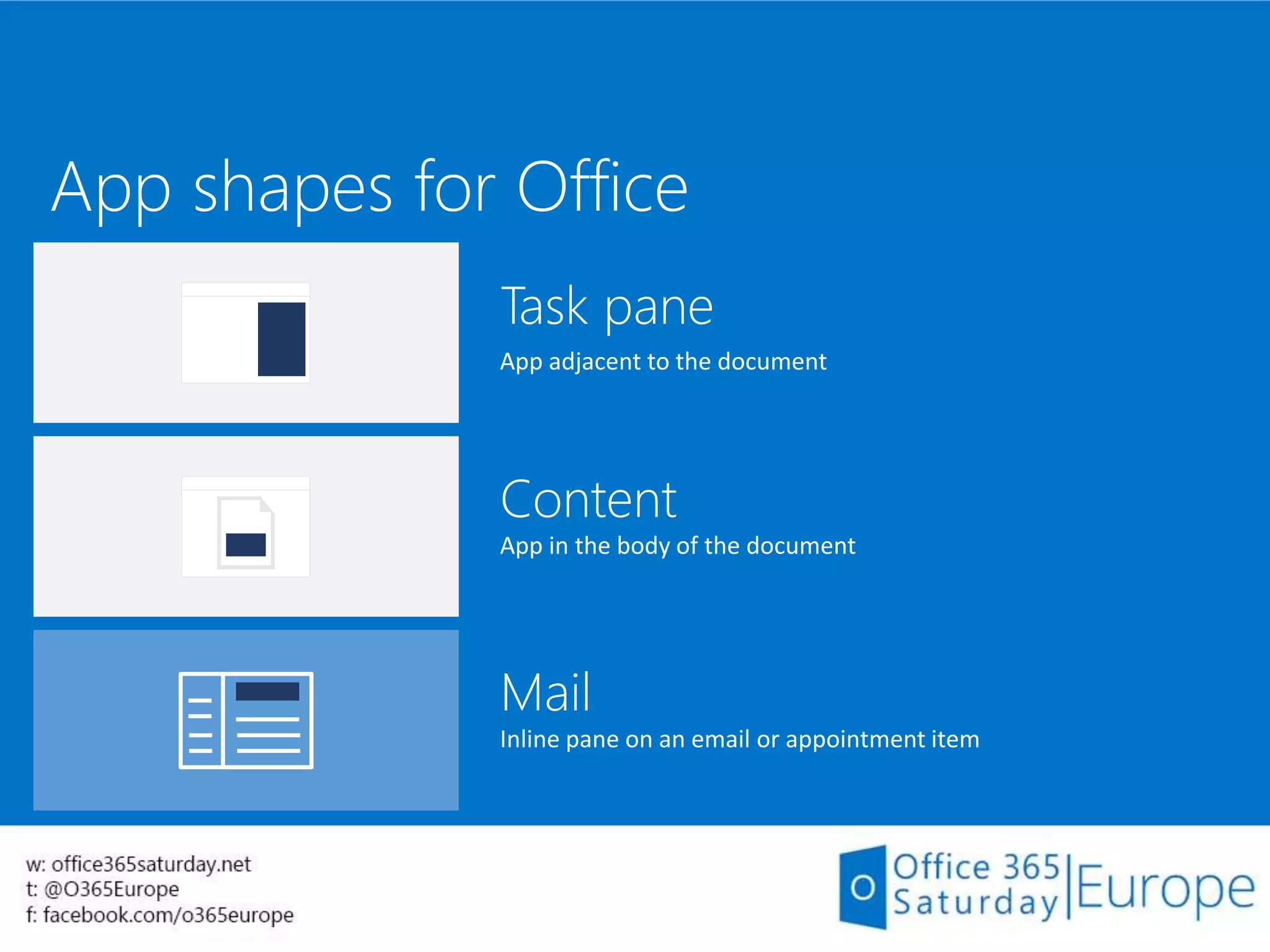 App shapes for Office
Task pane
App adjacent to the document
Content
App in the body of the document
Mail
Inline pane on an email or appointment item
 