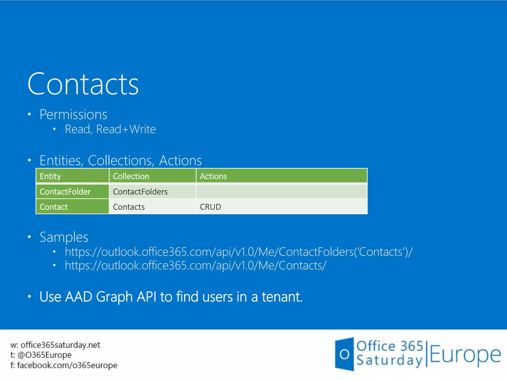  Permissions
 Read, Read+Write
 Entities, Collections, Actions
 Samples
 https://outlook.office365.com/api/v1.0/Me/ContactFolders(‘Contacts’)/
 https://outlook.office365.com/api/v1.0/Me/Contacts/
 Use AAD Graph API to find users in a tenant.
Contacts
Entity Collection Actions
ContactFolder ContactFolders
Contact Contacts CRUD
 