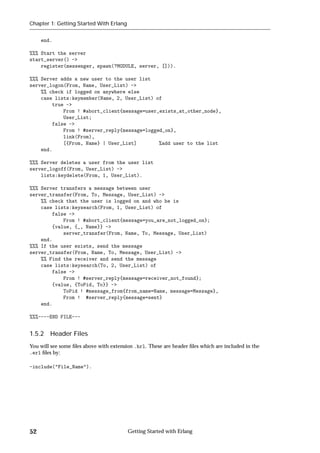 Chapter 1: Getting Started With Erlang


     end.

%%% Start the server
start_server() ->
    register(messenger, spawn(?MODULE, server, [])).

%%% Server adds a new user to the user list
server_logon(From, Name, User_List) ->
    %% check if logged on anywhere else
    case lists:keymember(Name, 2, User_List) of
        true ->
            From ! #abort_client{message=user_exists_at_other_node},
            User_List;
        false ->
            From ! #server_reply{message=logged_on},
            link(From),
            [{From, Name} | User_List]        %add user to the list
    end.

%%% Server deletes a user from the user list
server_logoff(From, User_List) ->
    lists:keydelete(From, 1, User_List).

%%% Server transfers a message between user
server_transfer(From, To, Message, User_List) ->
    %% check that the user is logged on and who he is
    case lists:keysearch(From, 1, User_List) of
        false ->
            From ! #abort_client{message=you_are_not_logged_on};
        {value, {_, Name}} ->
            server_transfer(From, Name, To, Message, User_List)
    end.
%%% If the user exists, send the message
server_transfer(From, Name, To, Message, User_List) ->
    %% Find the receiver and send the message
    case lists:keysearch(To, 2, User_List) of
        false ->
            From ! #server_reply{message=receiver_not_found};
        {value, {ToPid, To}} ->
            ToPid ! #message_from{from_name=Name, message=Message},
            From ! #server_reply{message=sent}
    end.

%%%----END FILE---


1.5.2 Header Files
You will see some ﬁles above with extension .hrl. These are header ﬁles which are included in the
.erl ﬁles by:

-include("File_Name").




52                                       Getting Started with Erlang
 