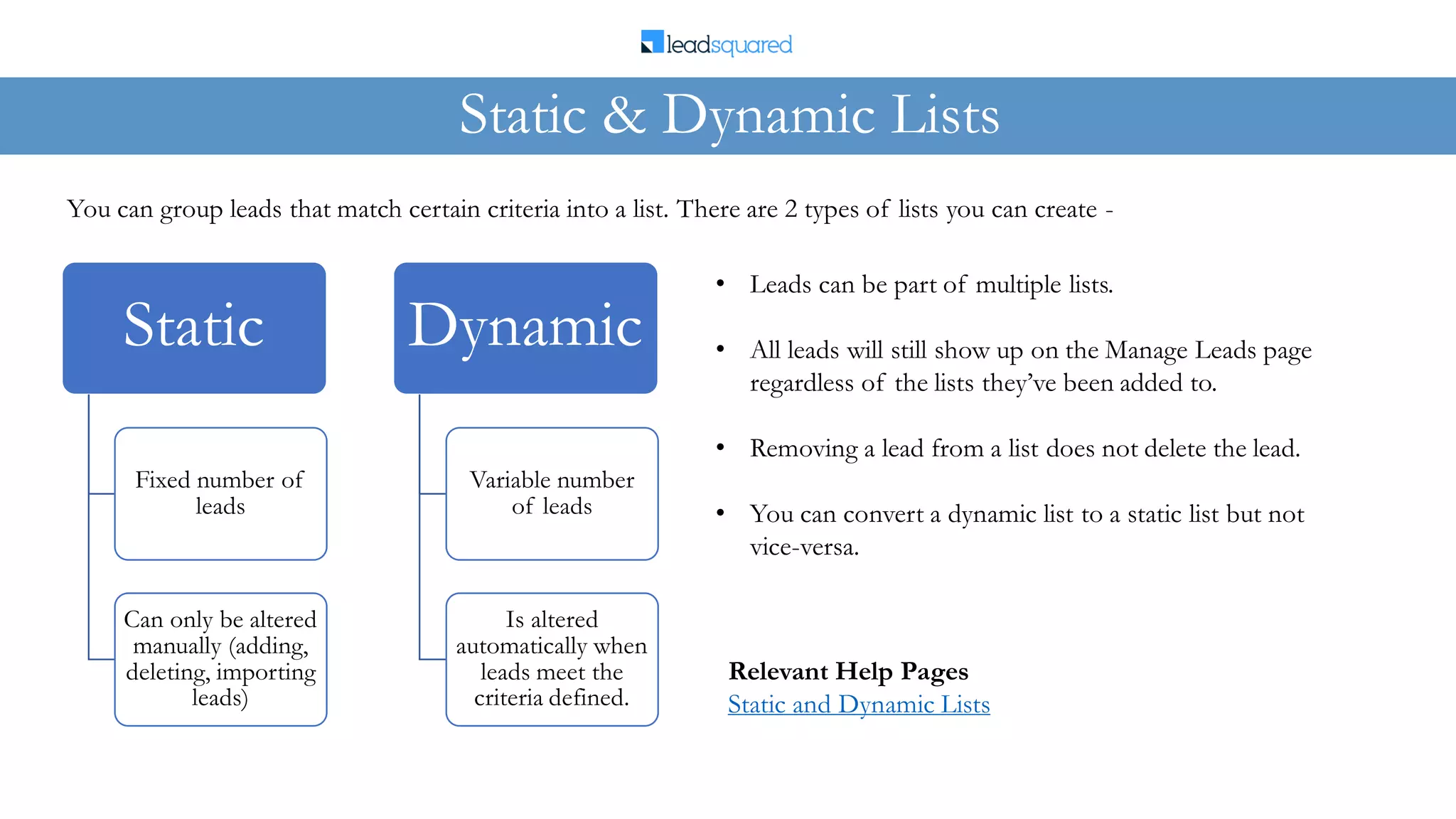 You can group leads that match certain criteria into a list. There are 2 types of lists you can create -
Static & Dynamic Lists
Static
Fixed number of
leads
Can only be altered
manually (adding,
deleting, importing
leads)
Dynamic
Variable number
of leads
Is altered
automatically when
leads meet the
criteria defined.
• Leads can be part of multiple lists.
• All leads will still show up on the Manage Leads page
regardless of the lists they’ve been added to.
• Removing a lead from a list does not delete the lead.
• You can convert a dynamic list to a static list but not
vice-versa.
Relevant Help Pages
Static and Dynamic Lists
 
