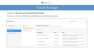 You can see the list of all blocked email addresses and email domains here.
Navigate to My Account>Settings>Email Settings
Email Settings
 