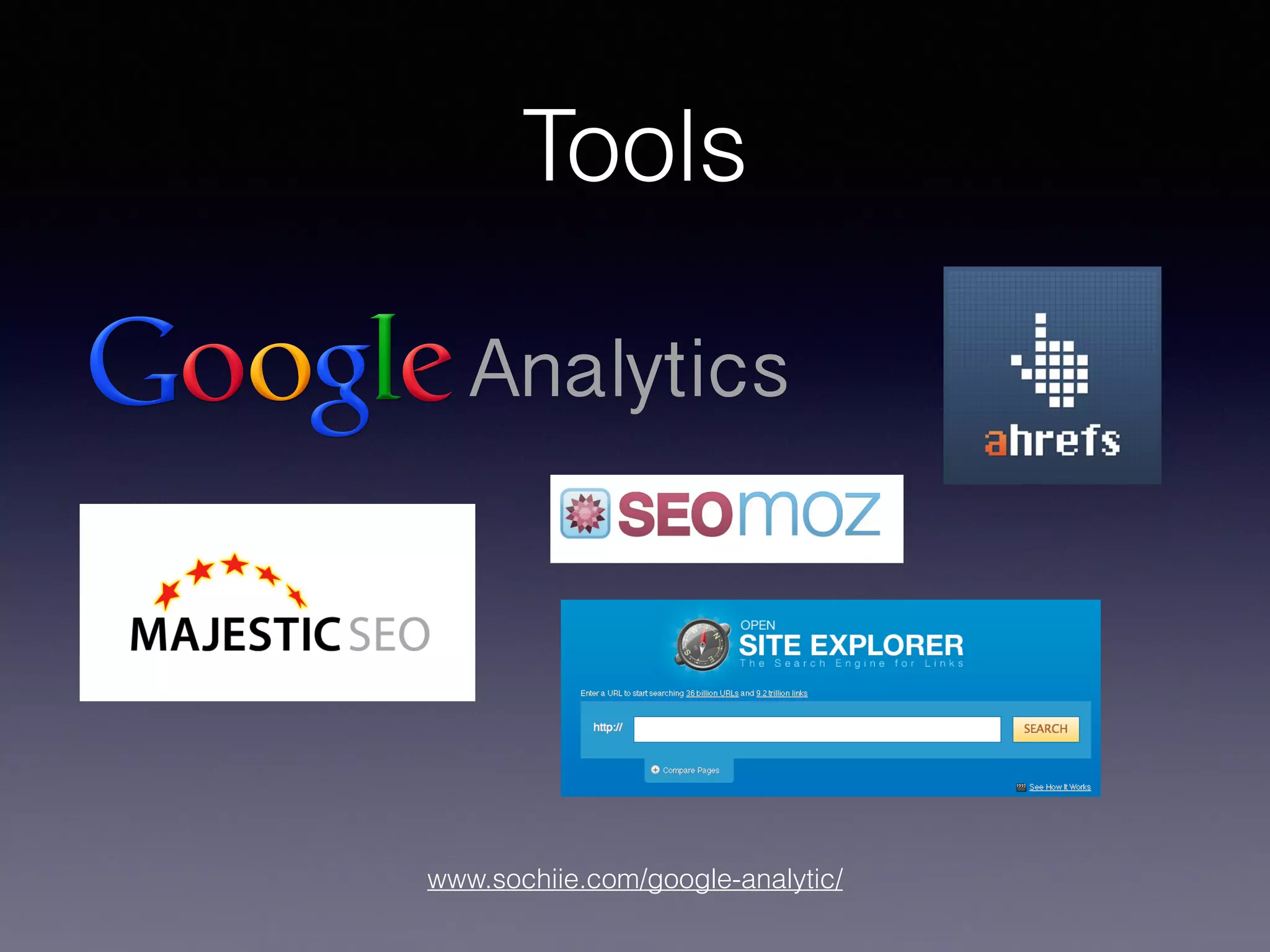 www.sochiie.com/google-analytic/
Tools
 