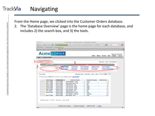 Navigating From the Home page, we clicked into the Customer Orders database. The ‘Database Overview’ page is the home page for each database, and includes 2) the search box, and 3) the tools. 1 2 3 