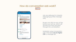 How do conversation ads work?
Ads are delivered to LinkedIn
Messaging (just like message
ads)
Buyers can click on any of the
buttons you set up, which will
dictate how they proceed
through the conversation.
Marketers using conversation
ads in the beta see 2x higher
CTR vs message ad
BETA
 