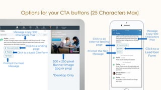 Options for your CTA buttons (25 Characters Max)
Prompt the Next
Message
Message
Copy: 500
Characters
max
Click to a
Lead Gen
Form
Click to an
external landing
page
300 x 250 pixel
Banner Image
(jpg or png)
*Desktop Only
Click to a landing
page
Click to a Lead Gen Form
Message Copy: 500
Characters max
Prompt the Next
Message
 