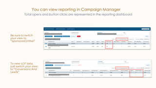 You can view reporting in Campaign Manager
Total opens and button clicks are represented in the reporting dashboard
Be sure to switch
your view to
“Sponsored InMail”
To view LGF data,
just switch your view
to “Conversions And
Leads”
 