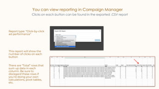 You can view reporting in Campaign Manager
Clicks on each button can be found in the exported .CSV report
Report type: “Click-by-click
ad performance”
This report will show the
number of clicks on each
button
There are “Total” rows that
sum up data in each
column. Be sure to
disregard these rows if
you’re doing your own
calculations, pivot tables,
etc.
 