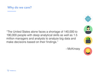 Why do we care?
“The United States alone faces a shortage of 140,000 to
190,000 people with deep analytical skills as well...