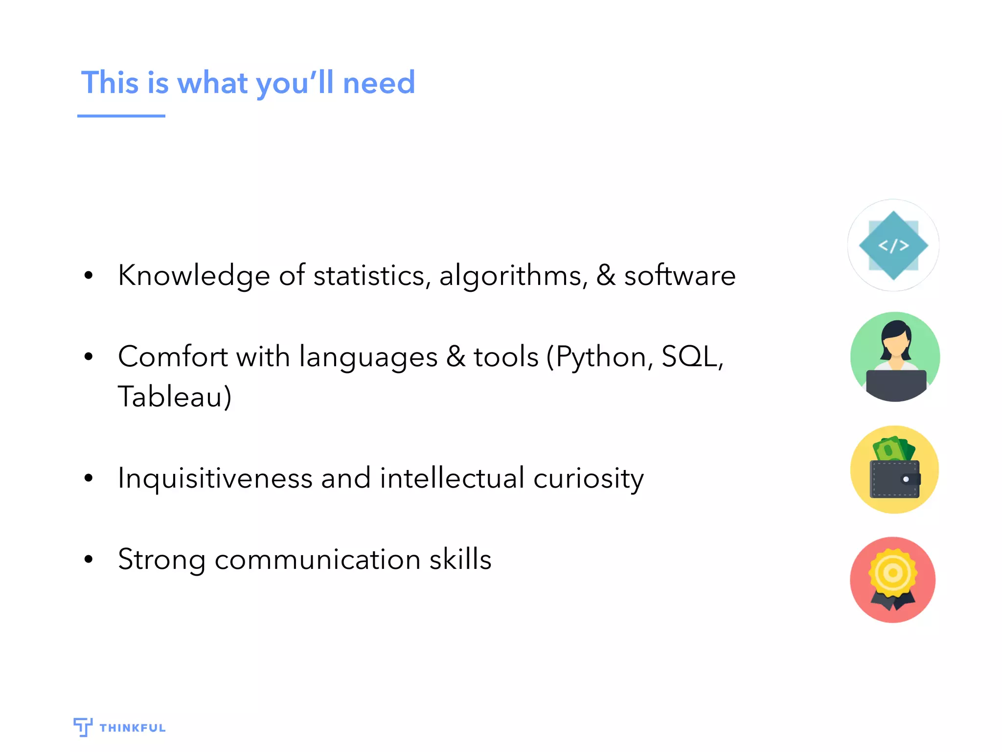 This is what you’ll need
• Knowledge of statistics, algorithms, & software
• Comfort with languages & tools (Python, SQL,
Tableau)
• Inquisitiveness and intellectual curiosity
• Strong communication skills
 