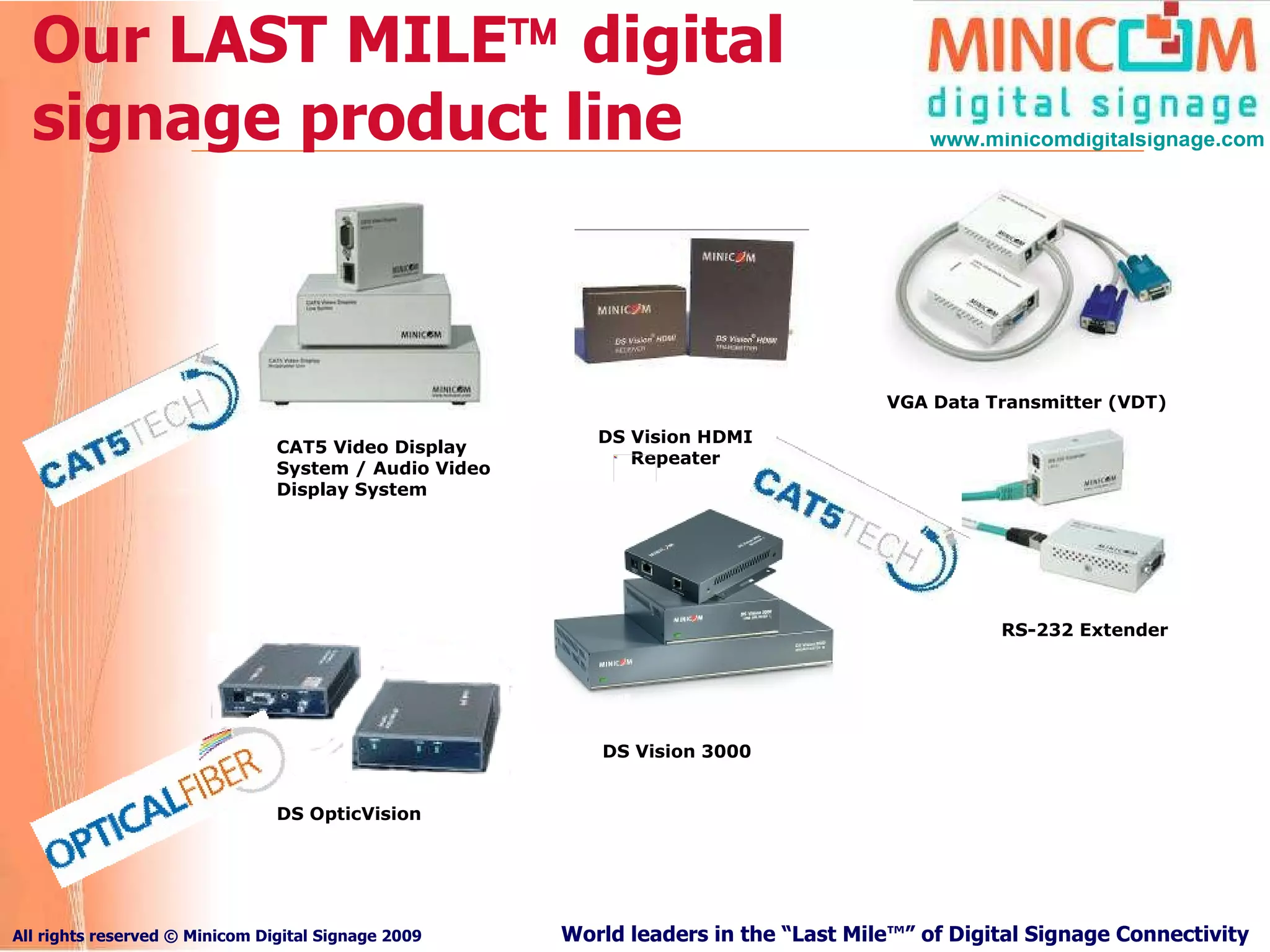 Our LAST MILE   digital signage product line CAT5 Video Display System / Audio Video Display System DS Vision HDMI Repeater DS Vision 3000 DS OpticVision VGA Data Transmitter (VDT) RS-232 Extender 