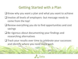 Getting Started with a Plan Know why you want a plan and what you want to achieve Involve all levels of employers- but message needs to come from the top! Review everything you do to find opportunities and cost savings Be rigorous about documenting your findings and researching alternatives Track your results over time to celebrate your successes and identify where you need more work 