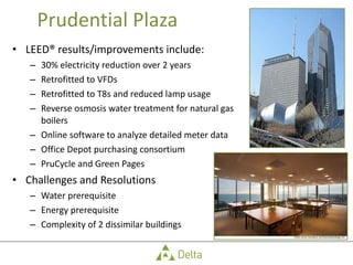 Prudential Plaza LEED® results/improvements include: 30% electricity reduction over 2 years Retrofitted to VFDs Retrofitted to T8s and reduced lamp usage Reverse osmosis water treatment for natural gas boilers Online software to analyze detailed meter data Office Depot purchasing consortium PruCycle and Green Pages Challenges and Resolutions Water prerequisite Energy prerequisite Complexity of 2 dissimilar buildings 