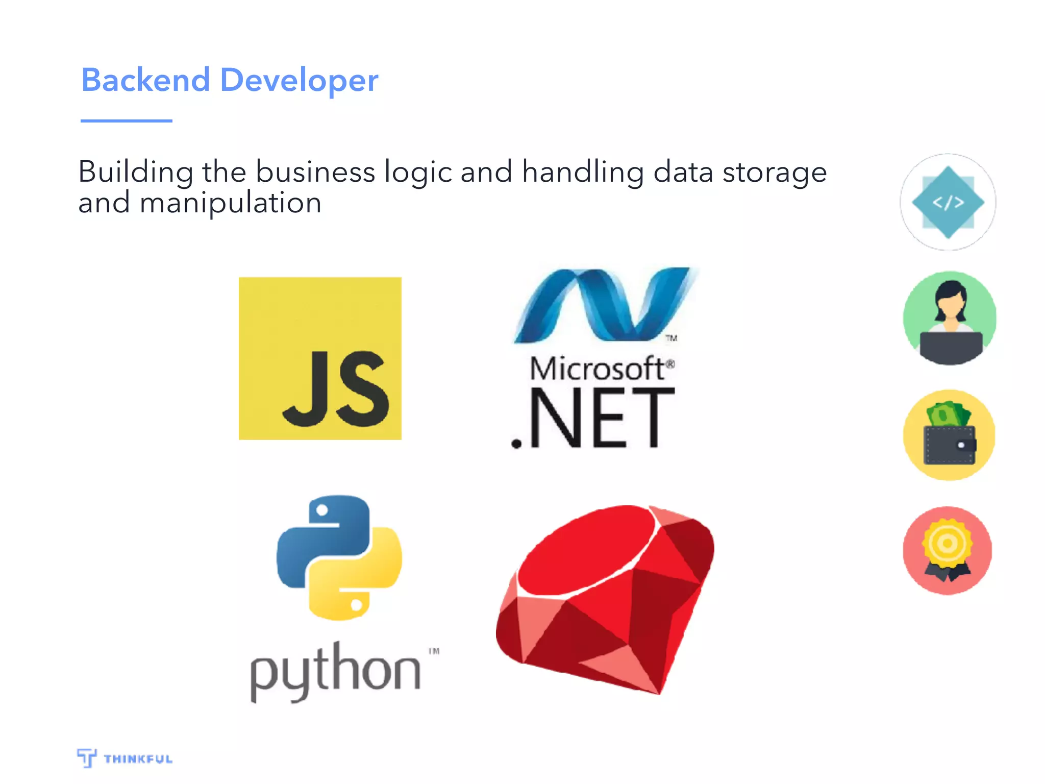Backend Developer
Building the business logic and handling data storage
and manipulation
 