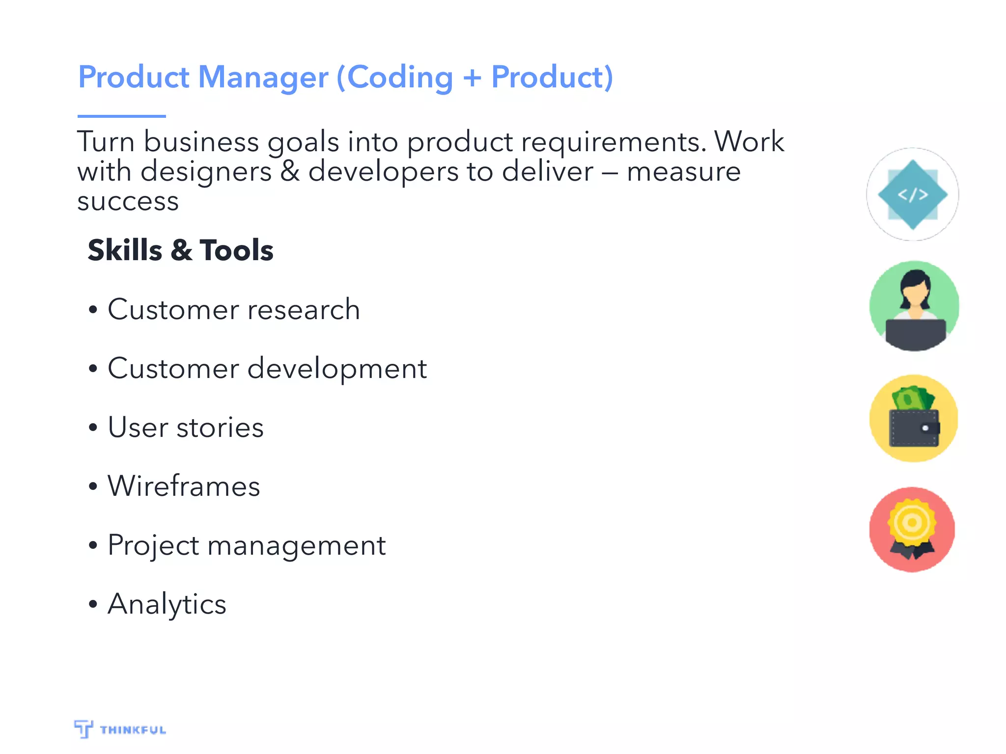 Product Manager (Coding + Product)
Turn business goals into product requirements. Work
with designers & developers to deliver — measure
success
Skills & Tools
• Customer research
• Customer development
• User stories
• Wireframes
• Project management
• Analytics
 