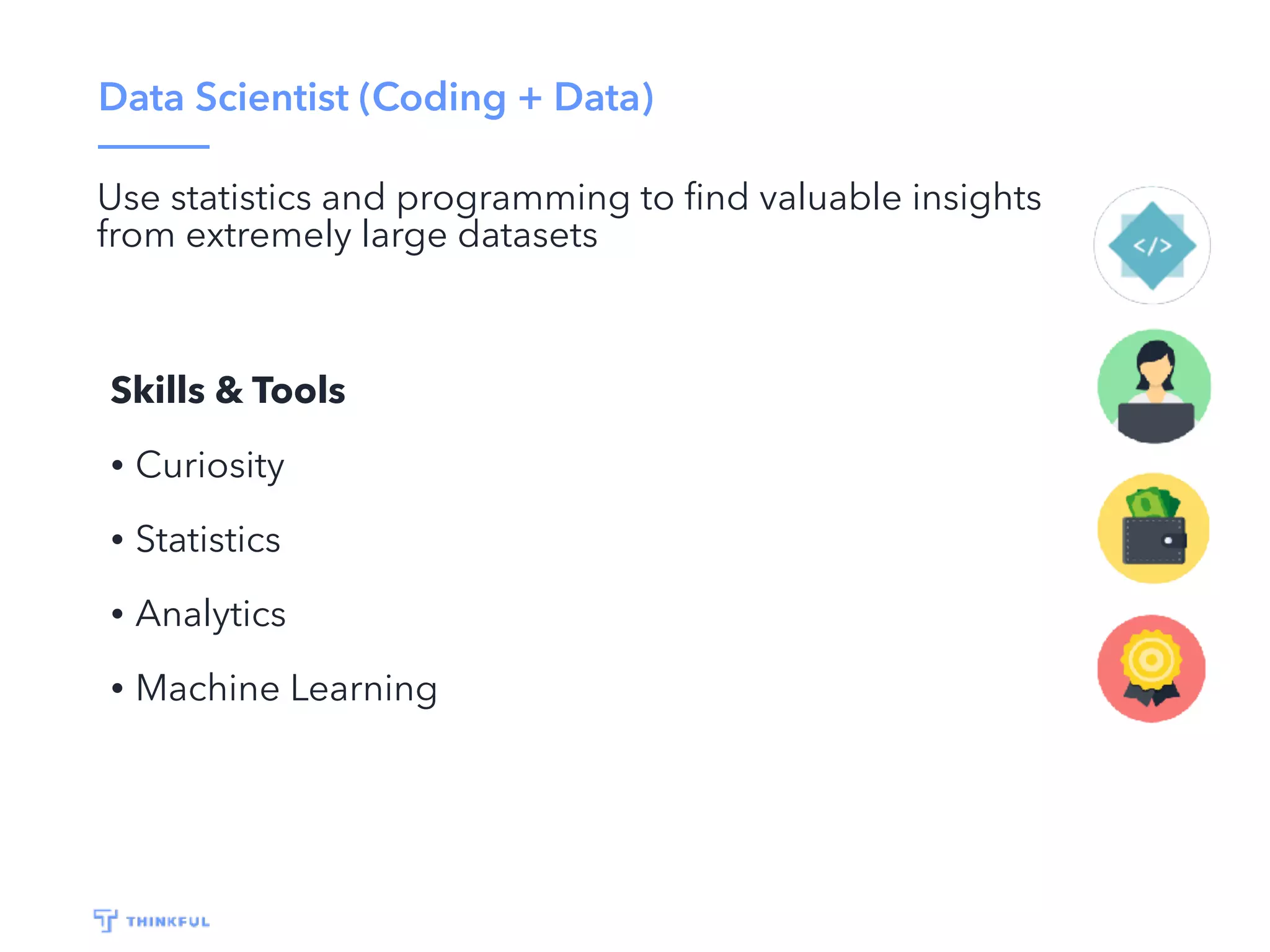 Data Scientist (Coding + Data)
Use statistics and programming to ﬁnd valuable insights
from extremely large datasets
Skills & Tools
• Curiosity
• Statistics
• Analytics
• Machine Learning
 