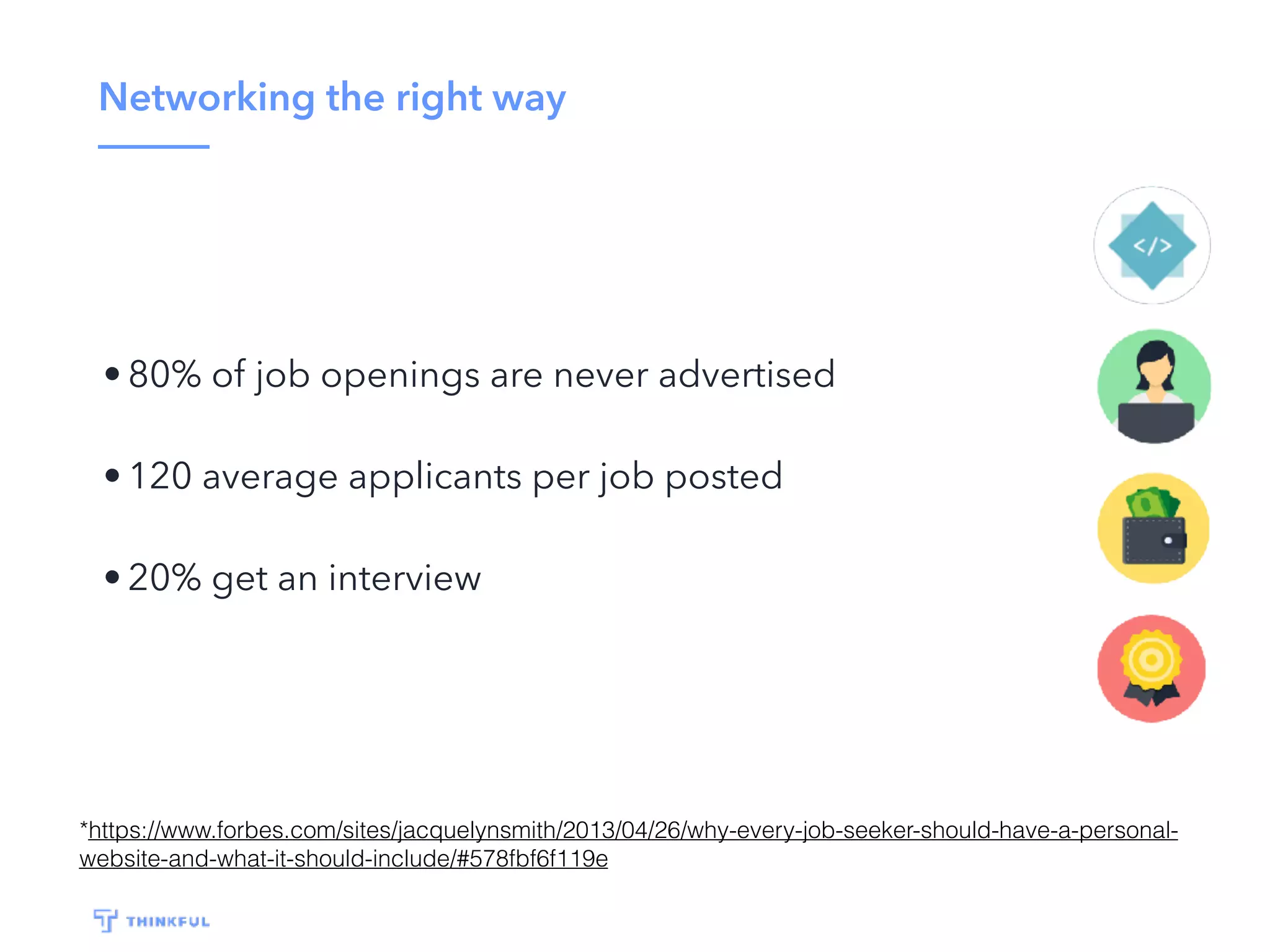 Networking the right way
• 80% of job openings are never advertised
• 120 average applicants per job posted
• 20% get an interview
*https://www.forbes.com/sites/jacquelynsmith/2013/04/26/why-every-job-seeker-should-have-a-personal-
website-and-what-it-should-include/#578fbf6f119e
 