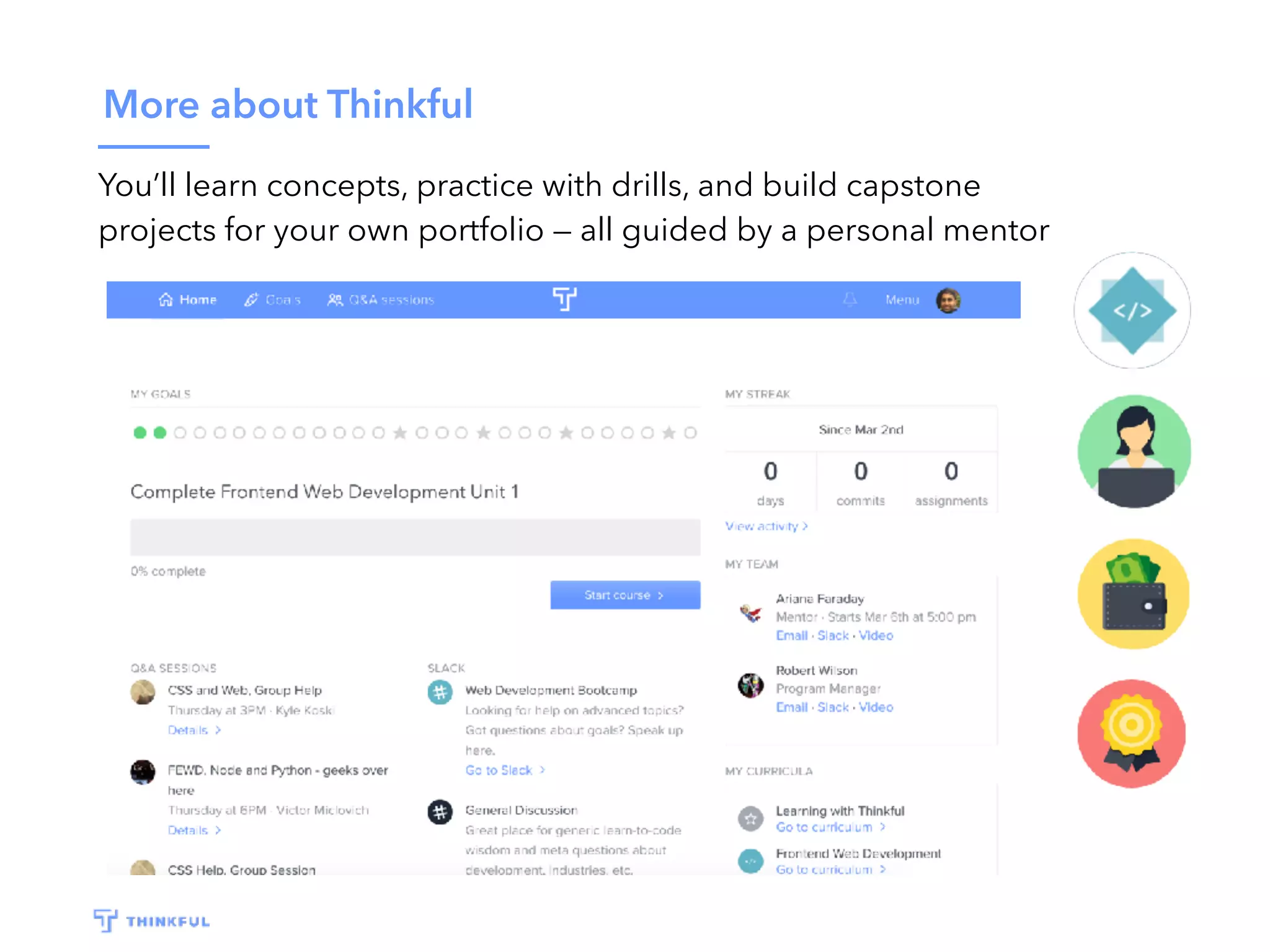 More about Thinkful
You’ll learn concepts, practice with drills, and build capstone
projects for your own portfolio — all guided by a personal mentor
 