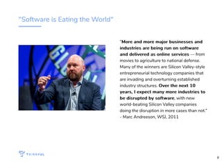 "Software is Eating the World"
“More and more major businesses andMore and more major businesses and
industries are being run on softwareindustries are being run on software
and delivered as online servicesand delivered as online services — from
movies to agriculture to national defense.
Many of the winners are Silicon Valley-style
entrepreneurial technology companies that
are invading and overturning established
industry structures. Over the next 10Over the next 10
years, I expect many more industries toyears, I expect many more industries to
be disrupted by softwarebe disrupted by software, with new
world-beating Silicon Valley companies
doing the disruption in more cases than not.”
- Marc Andreeson, WSJ, 2011
WIFI: CrossCamp.us Events bit.ly/hired-in-la
6
 