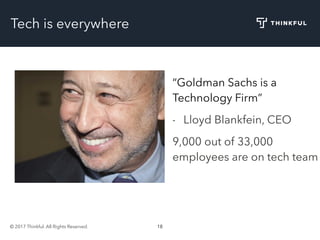 © 2017 Thinkful. All Rights Reserved. 18
Tech is everywhere
“Goldman Sachs is a
Technology Firm”
- Lloyd Blankfein, CEO
9,000 out of 33,000
employees are on tech team
 