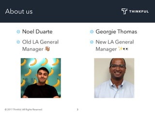 © 2017 Thinkful. All Rights Reserved. 3
About us
Noel Duarte
Old LA General
Manager !
Georgie Thomas
New LA General
Manager ✨👀
 