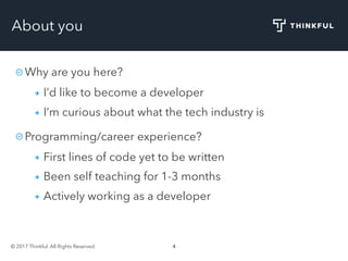 © 2017 Thinkful. All Rights Reserved. 4
About you
Why are you here?
I’d like to become a developer
I’m curious about what the tech industry is
Programming/career experience?
First lines of code yet to be written
Been self teaching for 1-3 months
Actively working as a developer
 